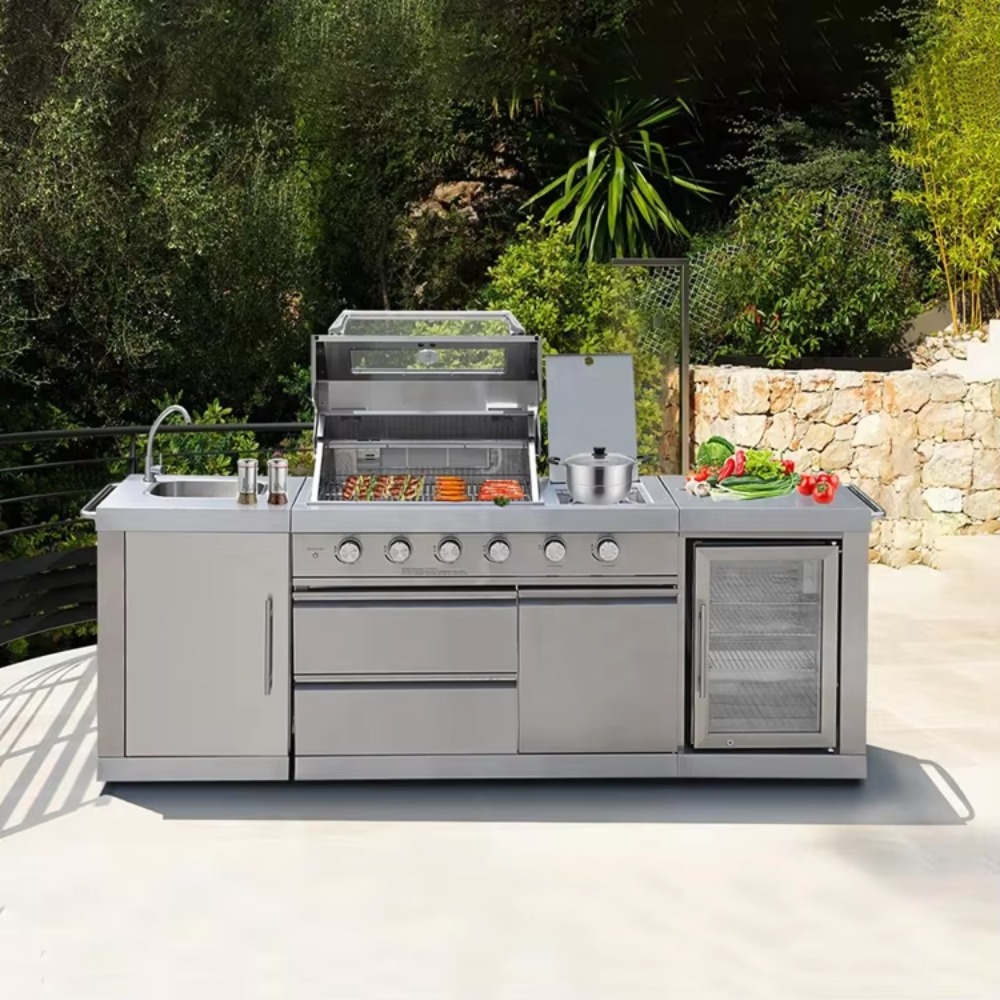 Outdoor Furniture Bali - Buitenkeuken met overkapping, weerbestendige BBQ-kastset, roestvrijstalen